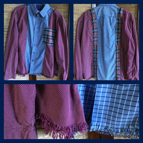Upcycled Patchwork Button-Down Shirt, Size M-L: Boho Blue Purple Polka Dot Top - Picture 15 of 15